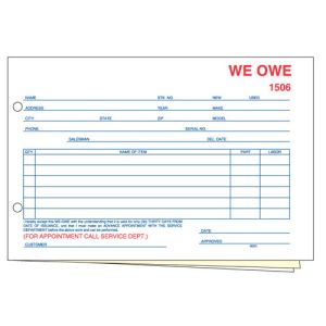 "We Owe" Form - 3 Part without Personalization