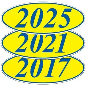 Oval Year Windshield Stickers - Blue on Yellow