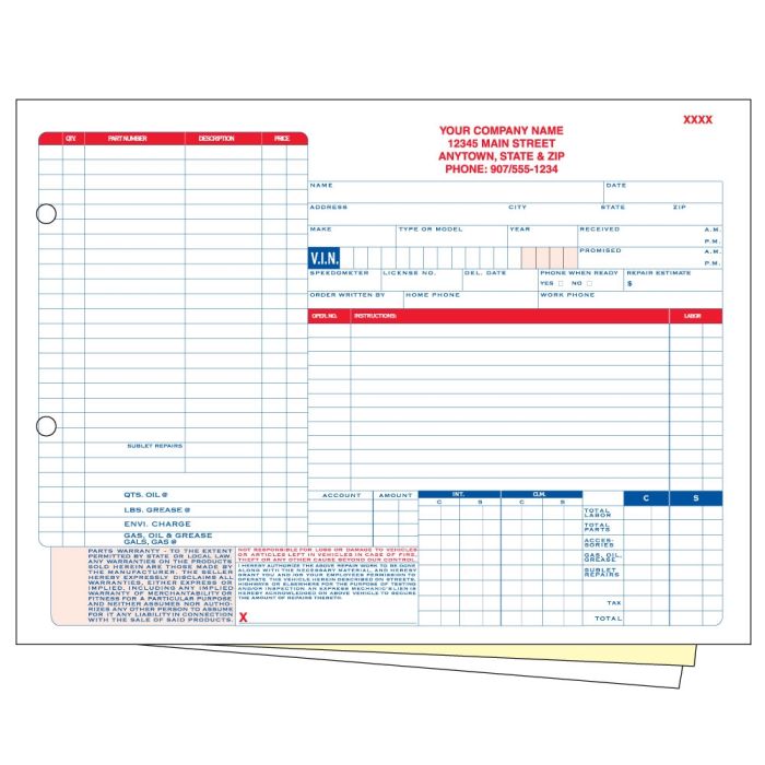 Customer Pay Repair Order - 3 Part with Personalization Customer Pay Repair Order - 3 Part with Personalization