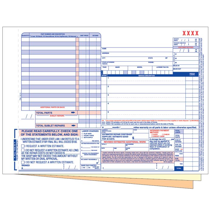 Requirements Repair Order - 3 Part without Personalization Requirements Repair Order - 3 Part without Personalization