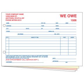 "We Owe" Form - 4 Part with Personalization