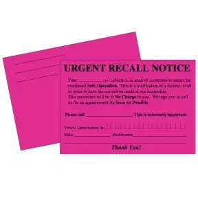 "No Charge" Urgent Recall Postcard without Personalization