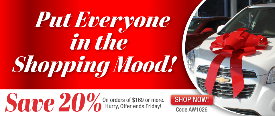 Car Bows for Holiday Shopping Car Bows Put Everyone in the Shopping Mood! 20% Off orders over $169. Hurry, offer ends Friday! Use code AW1026