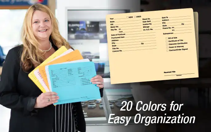 Deal Jackets in 20 colors for easy organization.